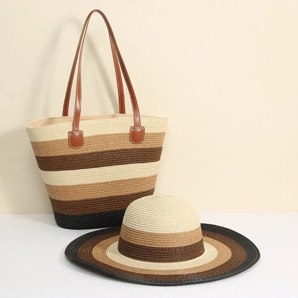 Fashion Straw Tote Bag Stripe Large Capacity Woven Shoulder Bag Square Zipper Woven Hat Vacation Top-Handle Bags