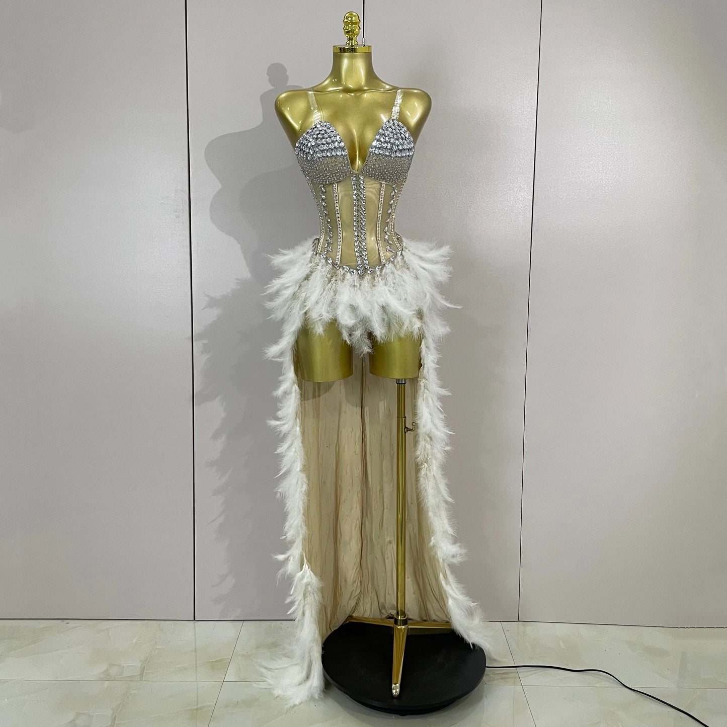 Sparkly Rhinestones Feathers Long Tail Bodysuits Sexy Mesh Transparent Stage Dress Evening Party Celebrate Luxury Birthday Dress
