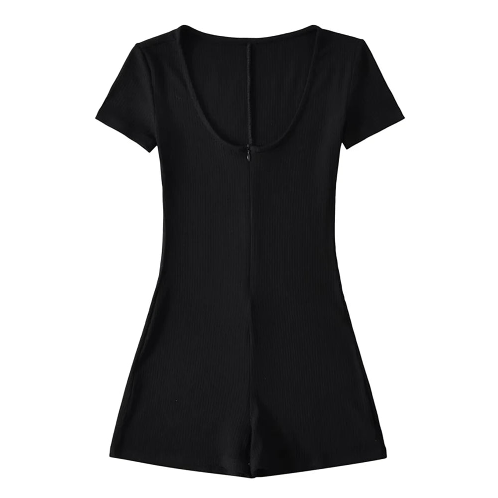 Womens Playsuits Yoga Low Neck Slim Fit Short Sleeve Jumpsuits Stretch One Piece Romper Sexy Fitness Female Sportwears Zipper