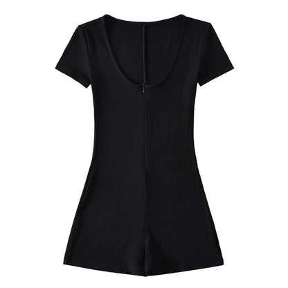 Womens Playsuits Yoga Low Neck Slim Fit Short Sleeve Jumpsuits Stretch One Piece Romper Sexy Fitness Female Sportwears Zipper
