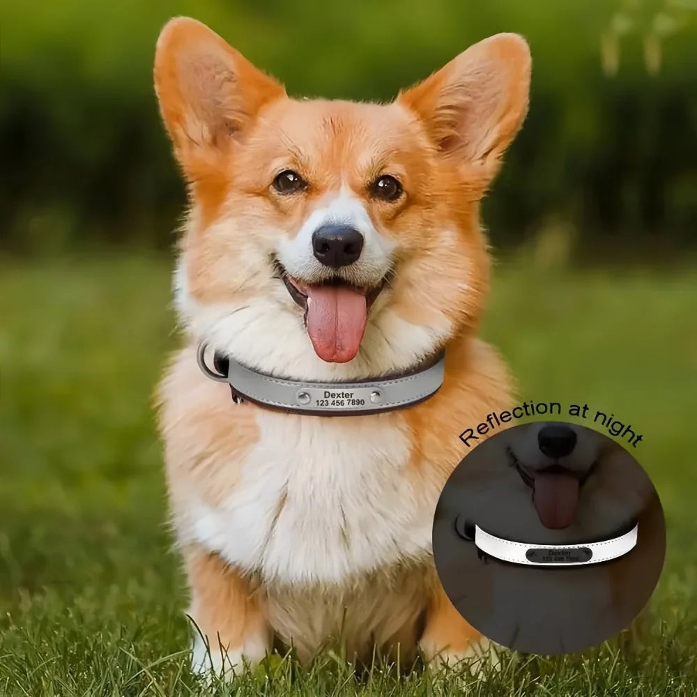 Dog Collar PU Leather Engraved - Customized with Name, Unique Gift for Dog Lovers, Adjustable Puppy for Small Medium Large Breed