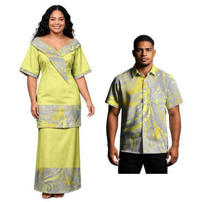 Holiday Party Hawaiian Tropical Pattern Couple Outfits Polynesian Men Button Shirts Women Tribal Design Church Samoan Puletasi