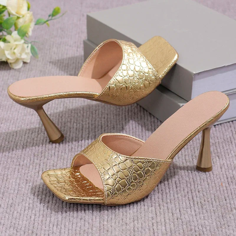 Luxury Gold Silver High Heels Sandals Women 2025 Slip On Square Toe Summer Slippers Woman Plus Size 43 Thin Heeled Party Shoes