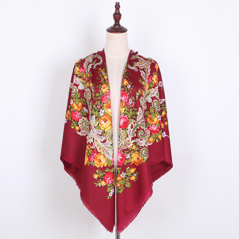 Russian Women Big Size Square Scarf Luxury Floral Print Bandana Wraps Female Retro Short Tassel National Shawl