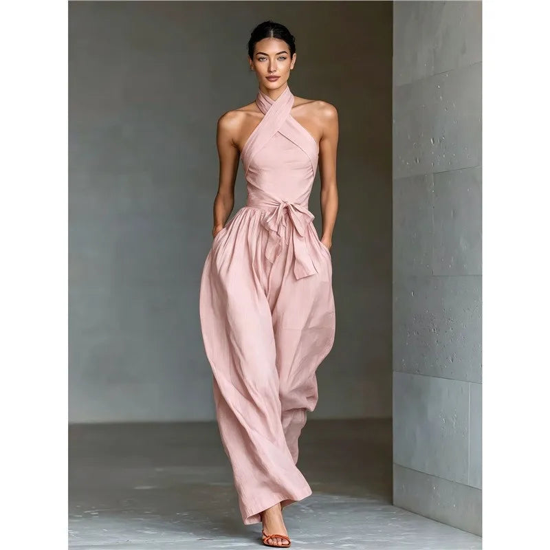 2026 High Waist Tie-up Wide Leg Pants Jumpsuit Woman Sexy Criss Cross Halter Backless Zips Romper Summer Solid Office Overalls