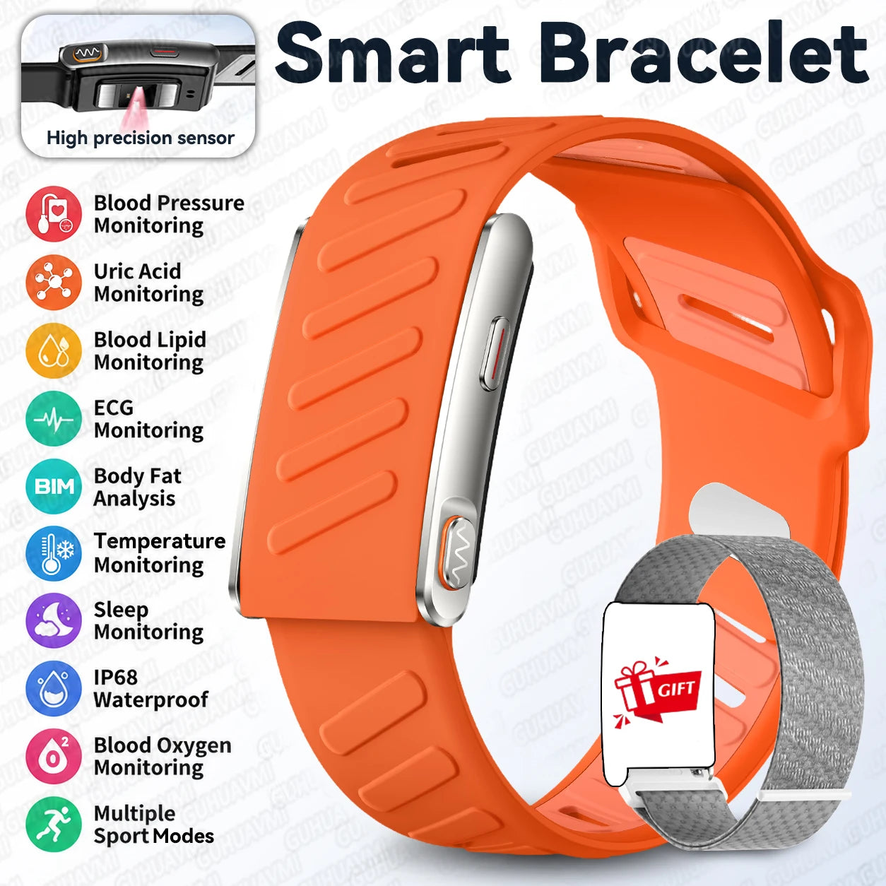 GUHUAVMI ECG+HRV Health Smart Screenless Band 24Hours Blood Pressure Uric acid Blood lipids 3ATM 100+Sports New Fitness Tracker