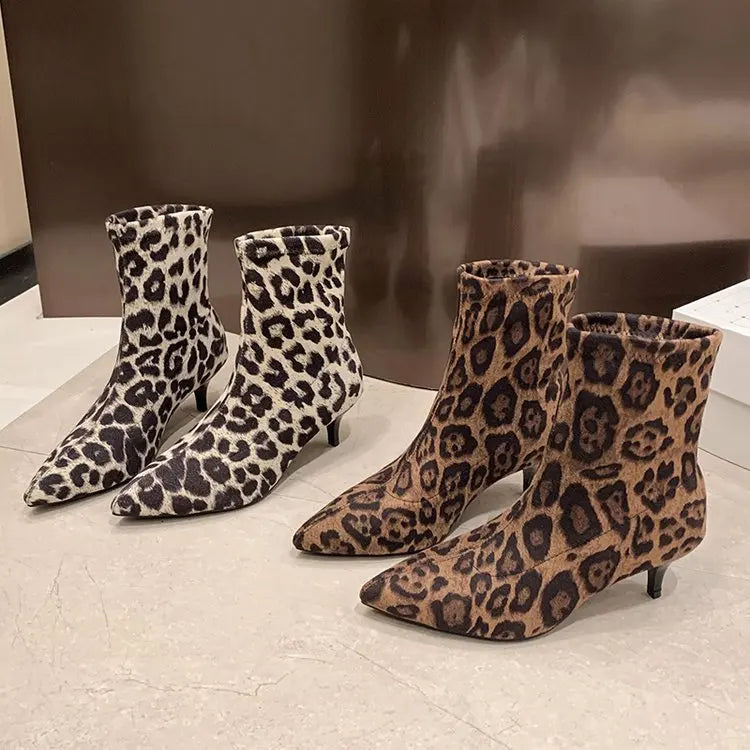 Brand Design Leopard Elastic Boots Women 2025 Winter Sexy Pointed Toe High Heel Party Boots Womens Dress Pumps Fashion Booties