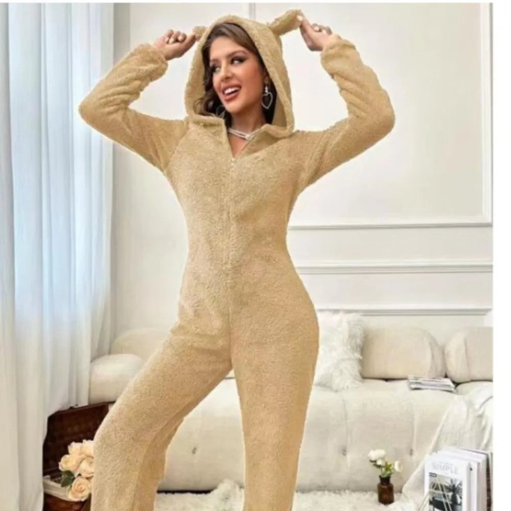 Fashion Plush Ear Hooded One-piece Pajamas Women Autumn Winter New V-neck Long-sleeved Loose Casual Trousers Home Wear Jumpsuits