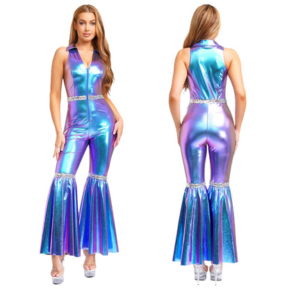 Women Shiny Metallic Jazz Disco Dance Jumpsuit 70s 80s Hippie Costume Sequin Tassels One Shoulder Bell Bottom Bodysuit Rompers