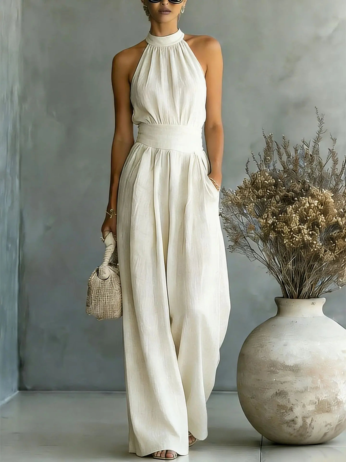 Women Solid Textured Fabric Jumpsuit Halter Sleeveless Open Shoulder Elastic Smocked Cinched Waist  Pockets Wide Leg Romper