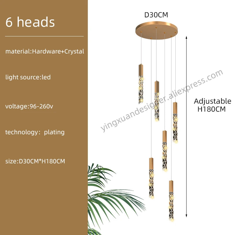 Crystal Staircase Pendant Lamp Modern Gold Lighting Fixture Ceiling Hang Pendant Light Luster Indoor Villa Loft Stair Chandelier
