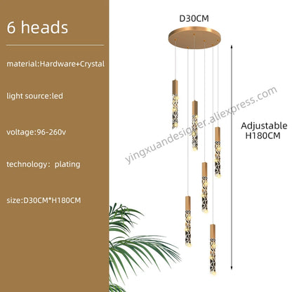 Crystal Staircase Pendant Lamp Modern Gold Lighting Fixture Ceiling Hang Pendant Light Luster Indoor Villa Loft Stair Chandelier