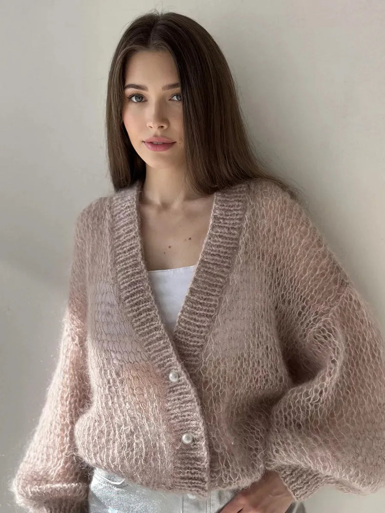 Women Knitting Cardigan 2026 New Women Mohair Knit Cardigan Hollow Out Sheer Long Sleeve Casual Knitted Outerwear Sweater