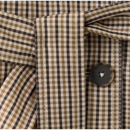 Plaid Cropped Trench Coat Lapel Collar Double Breasted Belted Waist Long Sleeve Women All-match Coats 2026 Autumn Commute Outfit