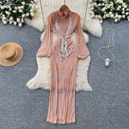 Chic vintage rhinestone slim long sleeve Elegant Fairy korean fashion autumn Sundress women clothing