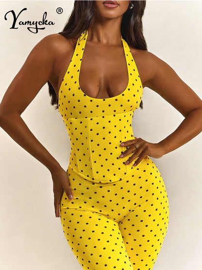 Sexy Backless Dot Print Jumpsuit Women Summer One Pieces Bodycon Jumpsuits Rompers Club Birthday Party Outfits Fashion Playsuit