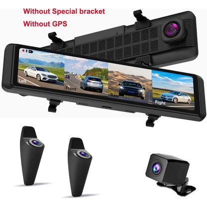 12''Rear View Mirror Camera 4-Channel Mirror Streaming with GPS BSD Blind Spot Detection 4K Front Lens+FHD1080Px3 Reverse Assist