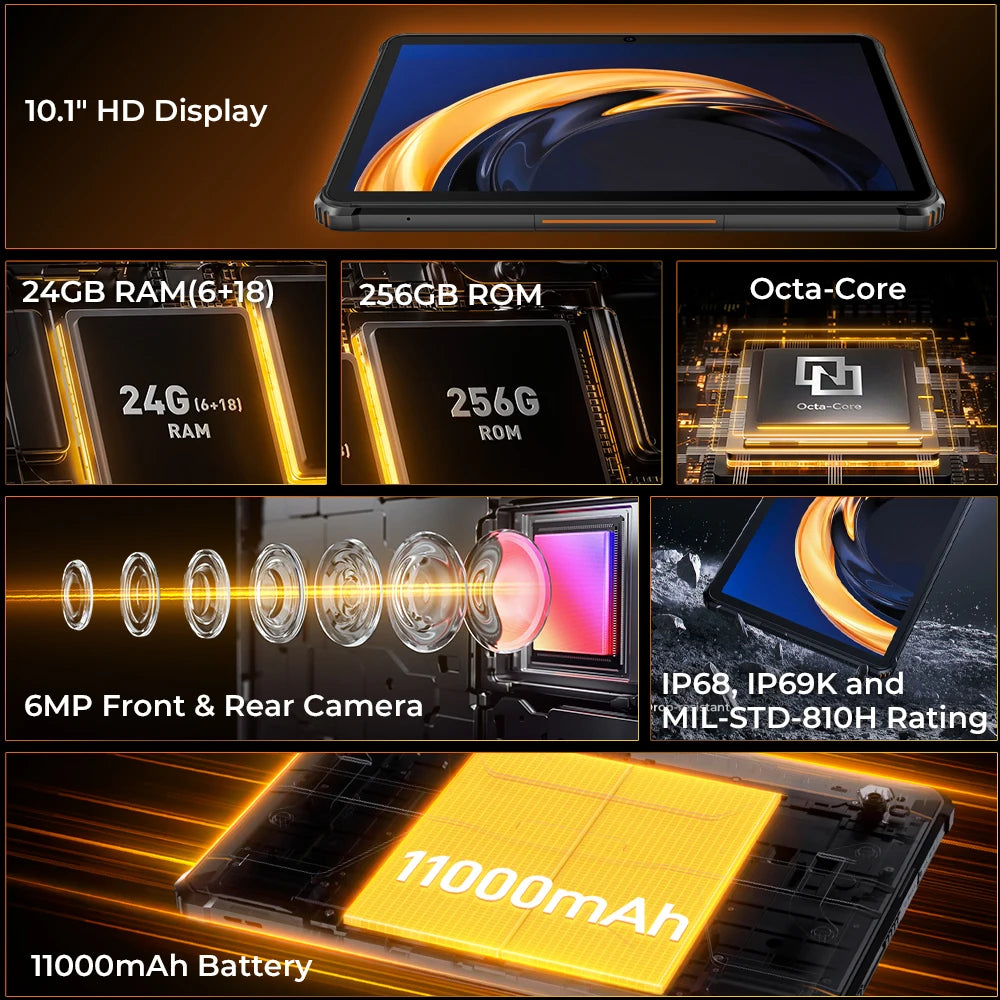 OUKITEL RT9 Rugged Tablet - 10.1" HD Display, 24(6+18)GB+256GB, IP68 IP69K Waterproof, 11000mAh Battery Android 14 Tablet PC