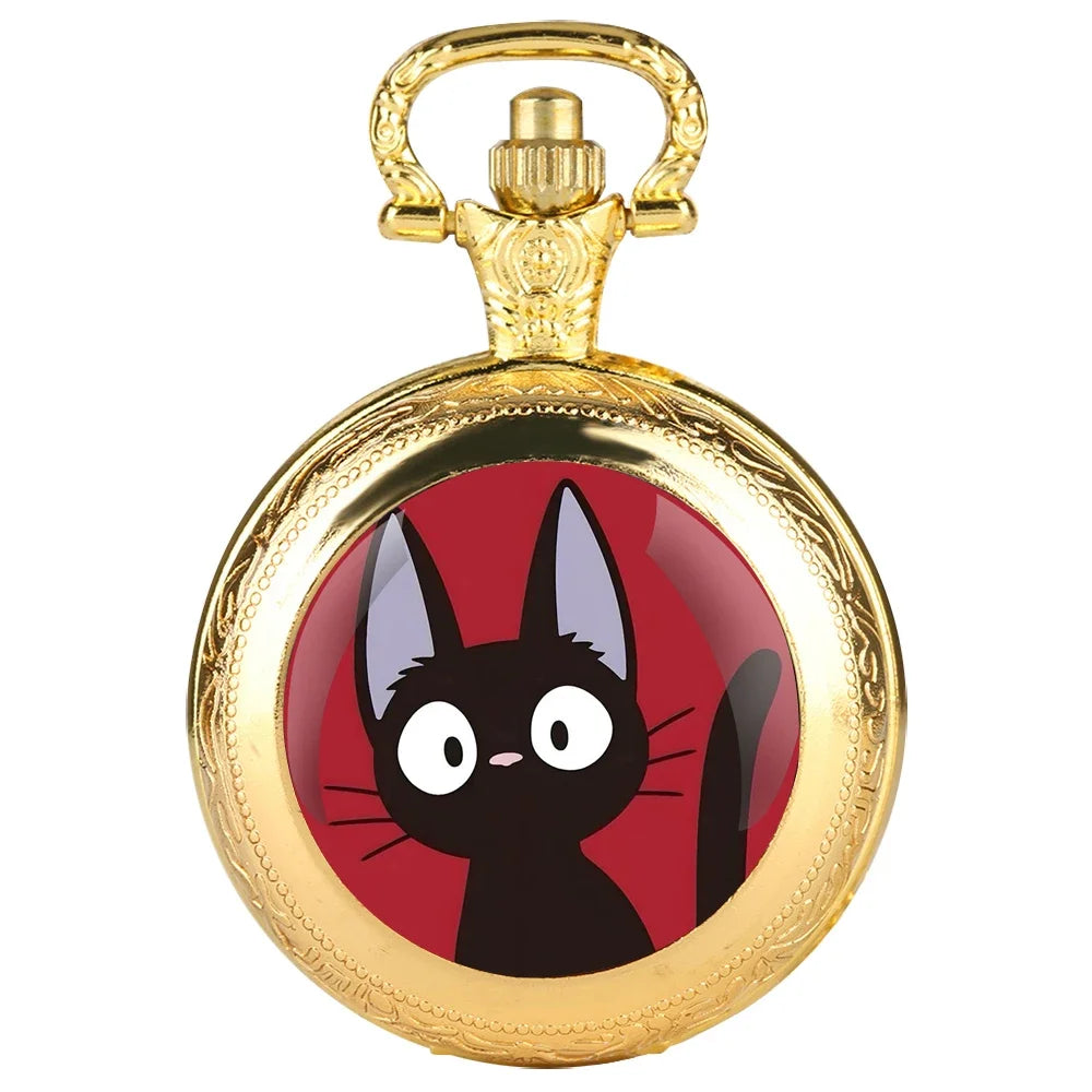 Anime Black Cat Glass Dome Quartz Pocket Watch Arabic Dial Vintage Men Women Necklace Pendant Creative Clock Children Gift