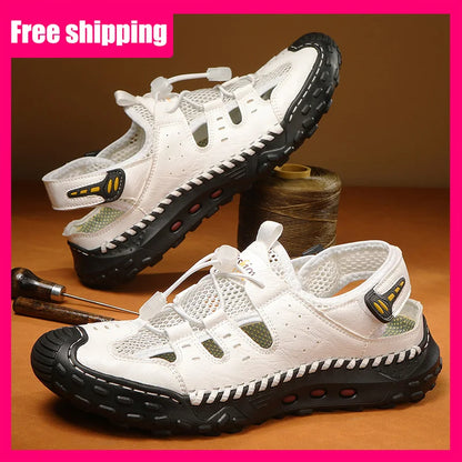 Men Sandals Comfortable Refreshing Mesh Hollow Beach Shoes Summer New Anti Slip Thick Bottom Bag Toe Casual Sandals for Teen
