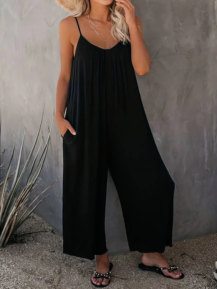 Plus Size Women's 1XL-5XL Fashionable Solid Color Jumpsuit Ladies Casual Suspender V-neck Casual Loose Elegant Jumpsuit