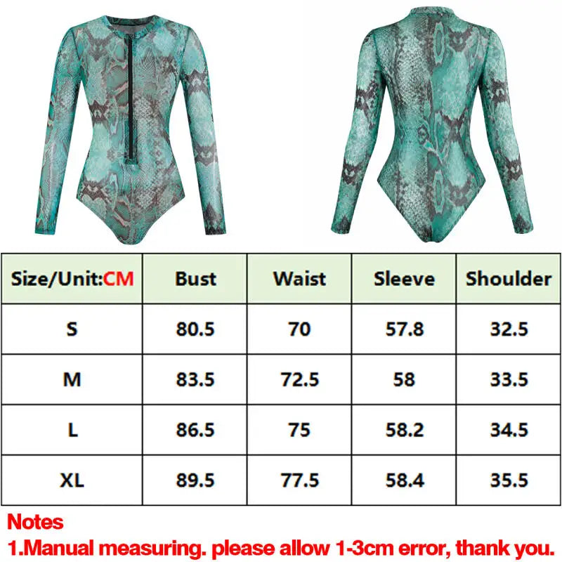 Turquoise Snake Print Long Sleeve One Piece Swimsuit Front Zipper Guard Sportswear High Cut Monokini For Women Summer Surfing