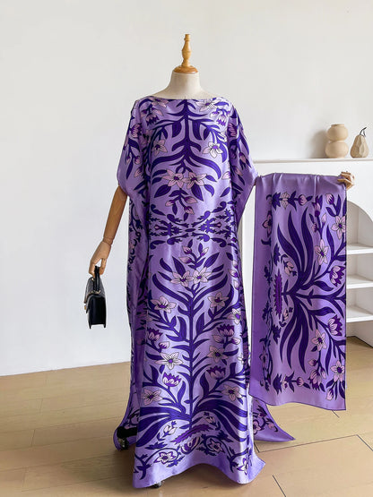 Boho Floral Print Abaya Kaftan Dress With Scarf, Loose Batwing Maxi Dress For Muslim Women Beach Holiday Wear