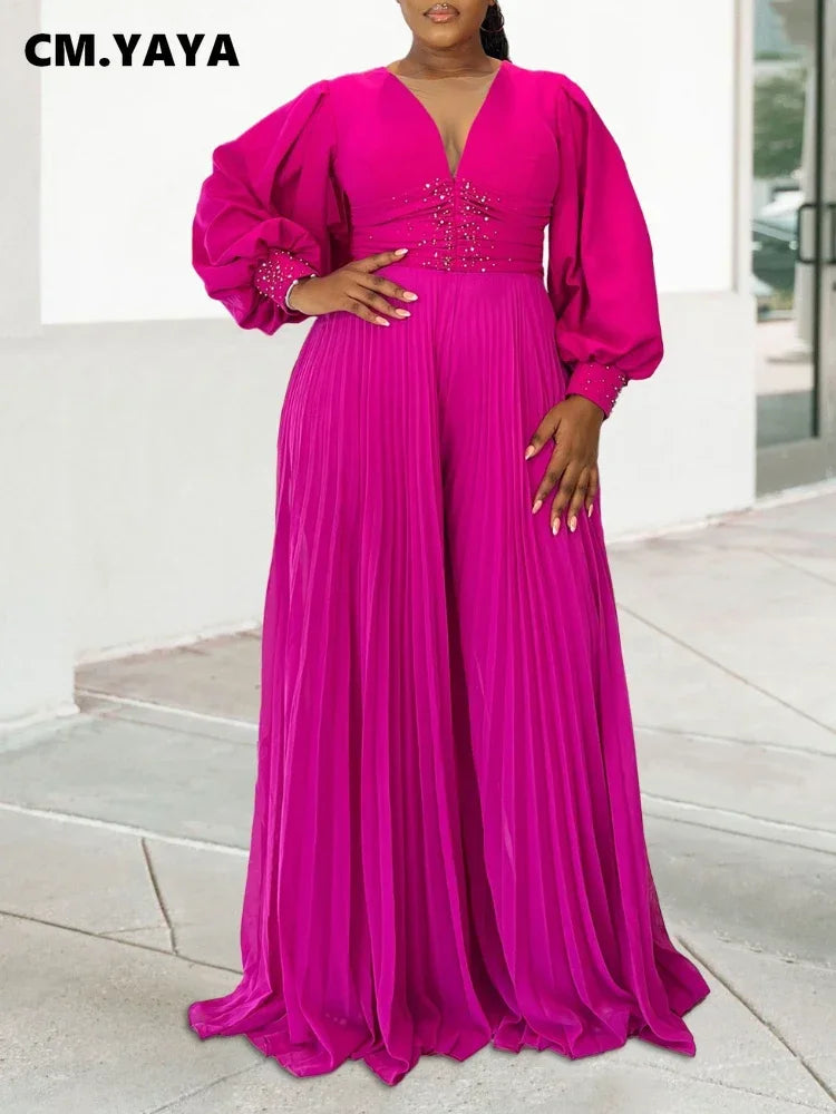 CM.YAYA Women Diamonds Long Sleeve Pleated V-neck Wide Leg Long Jumpsuits Party Beach Fashion Street Sexy Africa Outfit Rompers