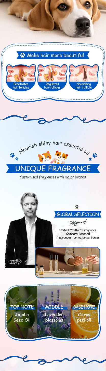 Pet dogs, cats, nourishing and brightening hair care essential oils, smooth and long-lasting fragrance, deodorizing