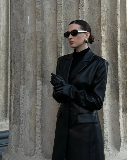Lautaro Autumn Long Black Fitted Pu Leather Trench Coat for Women Shoulder Pads Single Breasted Luxury Elegant Blazer Overcoat