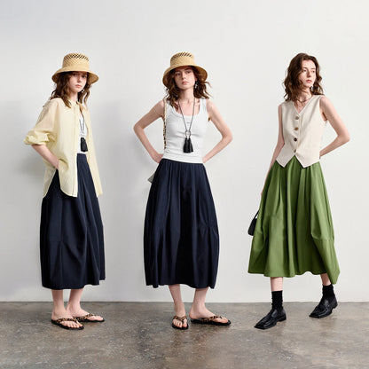 TOYOUTH Women's A-Line Bud Skirt 2026 Summer New Split Detail Retro Puff Midi Skirt, Lightweight Outdoor Wear