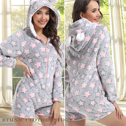 Coral Fleece Women Jumpsuit Pajama Home Clothes Cartoon Flannel Hooded Long Sleeve Shorts Onepieces Sleepwear Thicken Loungewear