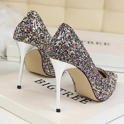 Women 7cm 9.5cm High Heels Pumps Wedding Bridal Scarpins Sparkly Mid Heels Lady Party Sequins Glitter Evening Gold Silver Shoes