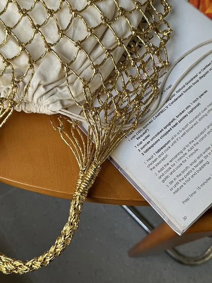 Hylhexyr Ins New Solid Color Gold and Silver Thread Handmade Weaving Bag Bucket Shaped Fashion Handbag Beach Bags