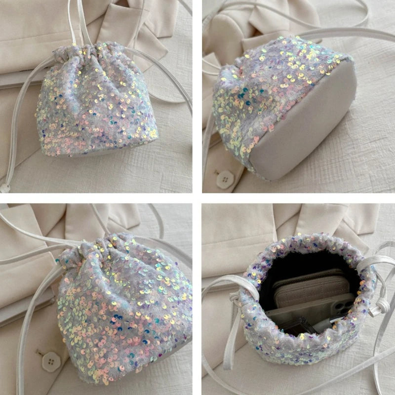 Shiny Sequin Drawstring Shoulder Bags for Women, Mini Crossbody Purse ,Sparkly Evening Handbag Suitable for Party Night Out