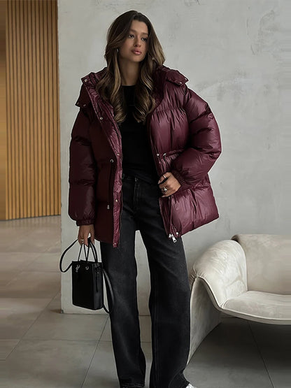 2026 Winter Warm Hooded Padded Cotton Coats Women Casual Drawstring Waist-closed Thick Jackets Female Chic Outerwear Lady New
