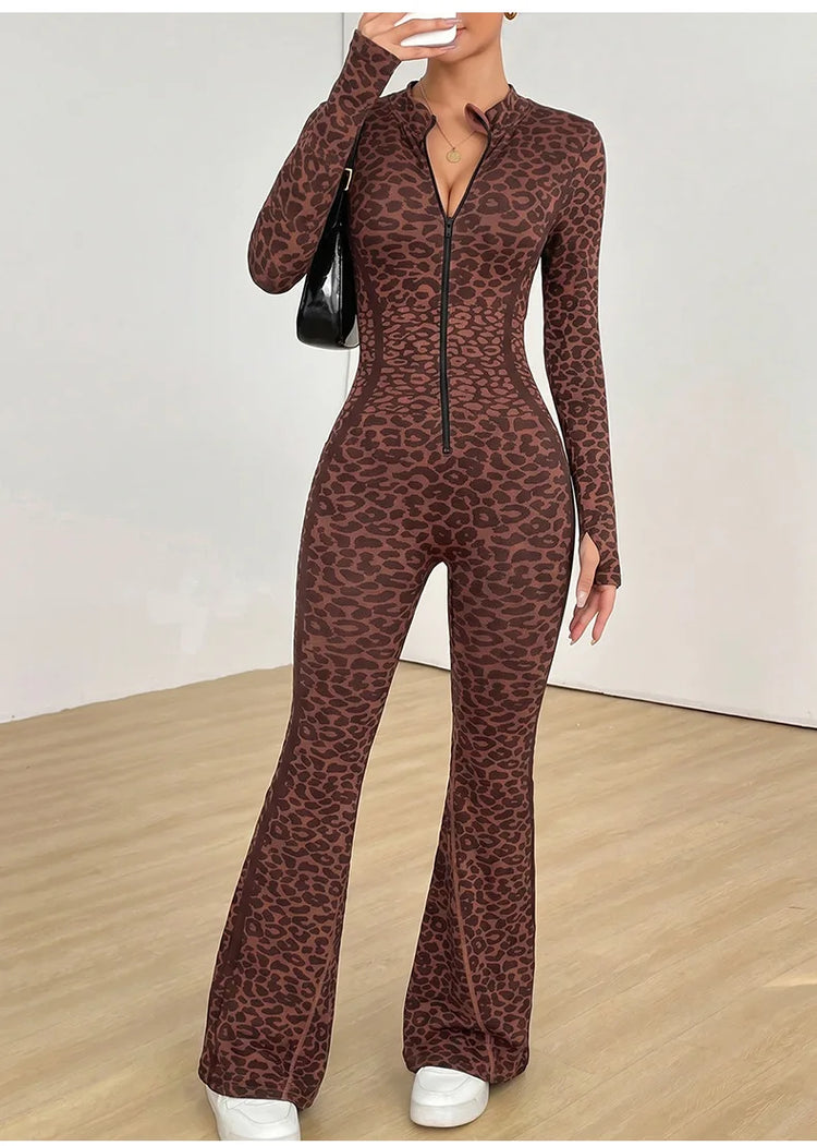Women Leopard Print Fitness Jumpsuits Long Sleeve Zip-up Gym Sporty Overalls Female One Piece Flare Pants Running Yoga Tracksuit