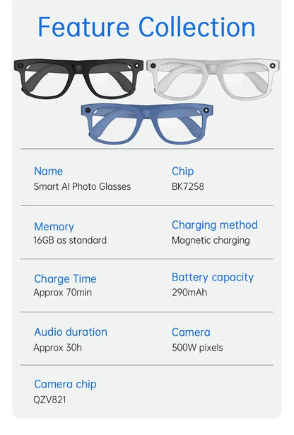 Smart Glasses AI Translation 8MP HD Camera 4K Shooting Image Bluetooth Call Recording Music Smart Sunglasses