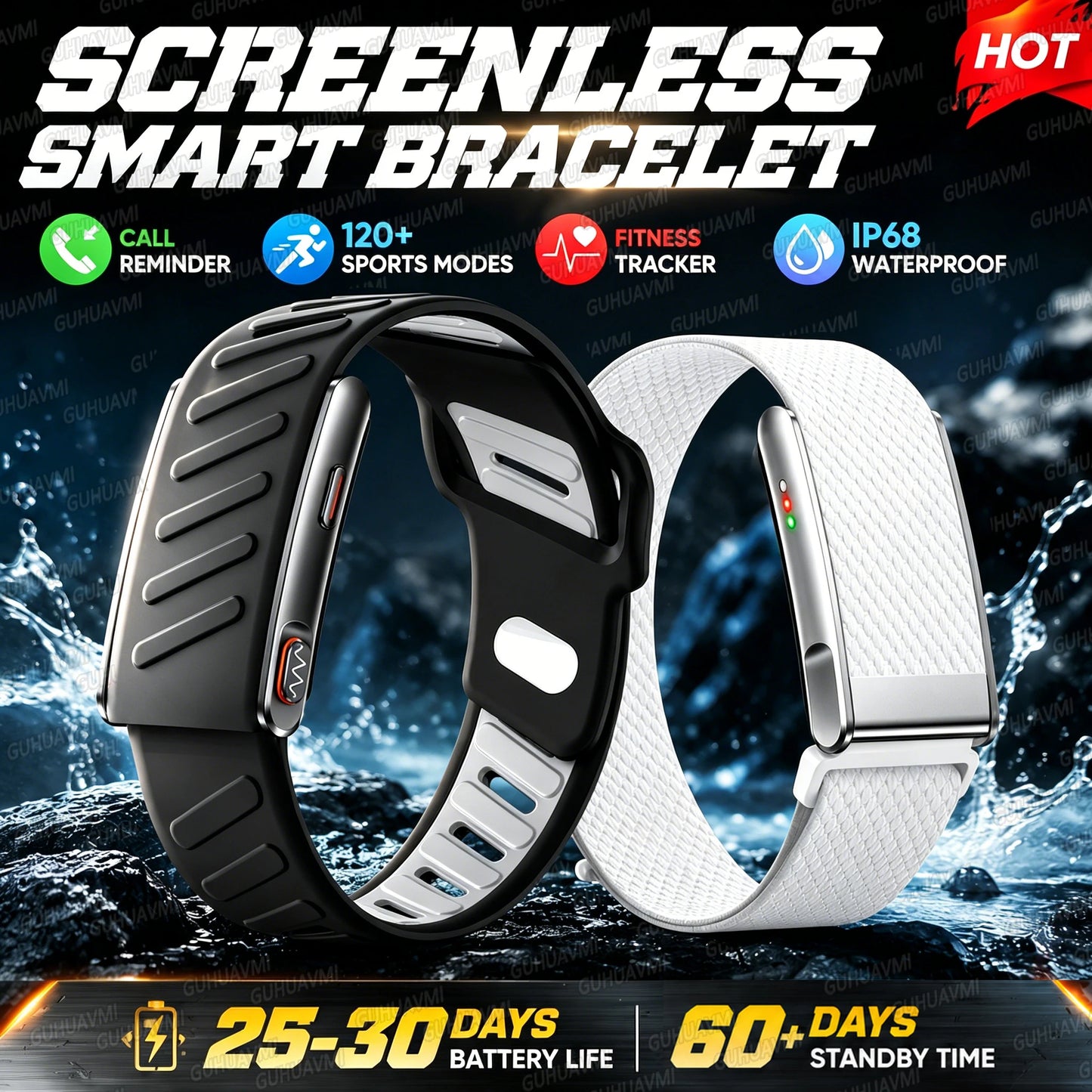 Screenless Smart Bracelet IP68 Waterproof Fitness Tracker Call Reminder 120+ Sport Modes Heart rate Wristband For Men Women