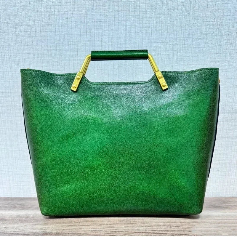 Luxury Leather Green Bucket Bag Retro Metal Handle Large Capacity Tote Bag Fashionable Casual Solid Color Shoulder Bag