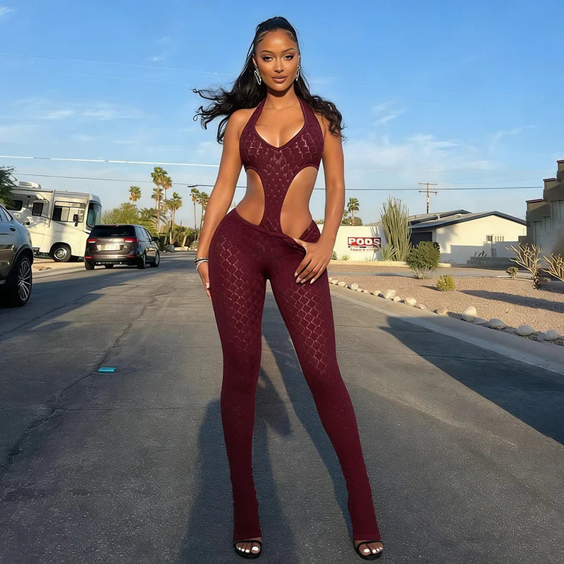 Woman Halter See Through Sexy Lace Hollow-out Patchwork Bodycon Jumpsuits  Backless Rompers Female Streetwear Overalls