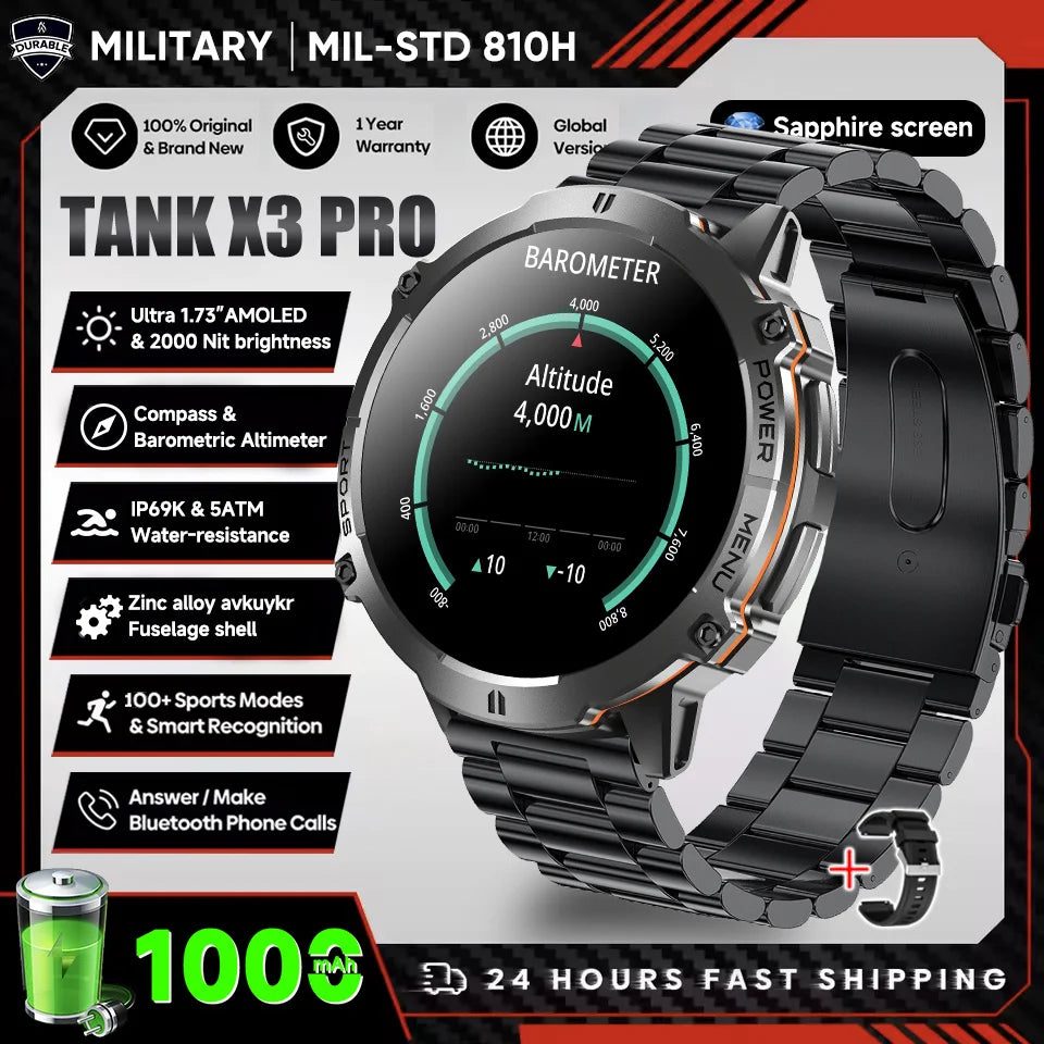 2026 New Military TANK X3 1000mAh Battery Smart Watch Men 10ATM Waterproof Swim GPS Path 1.75" AMOLED HD Call Sports Smartwatch
