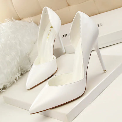 Summer Women 10.5cm High Heels Leather Pumps Female Escarpins Elegant Sweet Yellow Pink Stiletto Lady Wedding Heels Hollow Shoes
