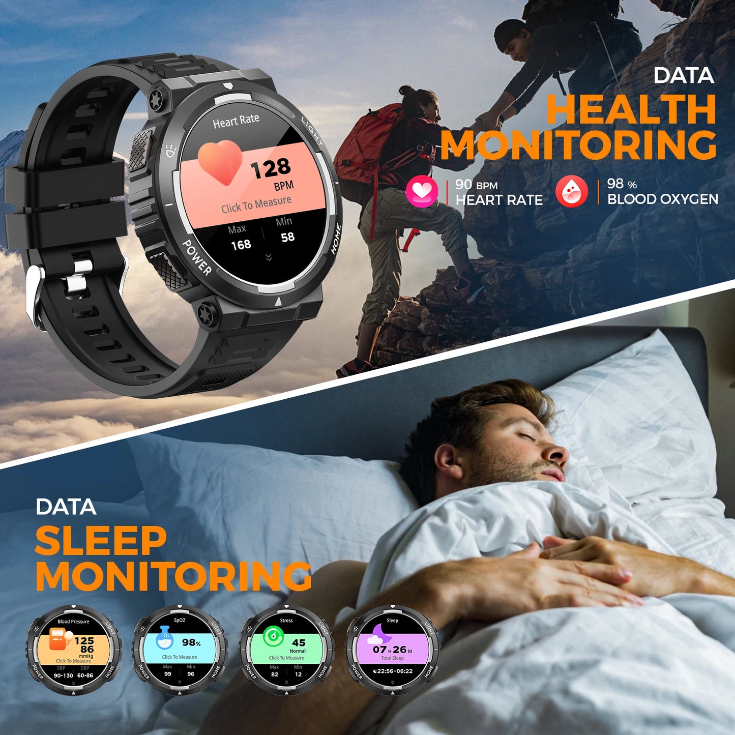 EIGIIS Smart Watches for Men with LED Flashlight 1.53" HD with 100+ Sport Modes Health/Sleep Monitor and 3ATM Waterproof Watche