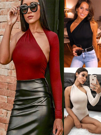 Sexy one shoulder tight jumpsuit with European and American street style commuting milk silk base shirt
