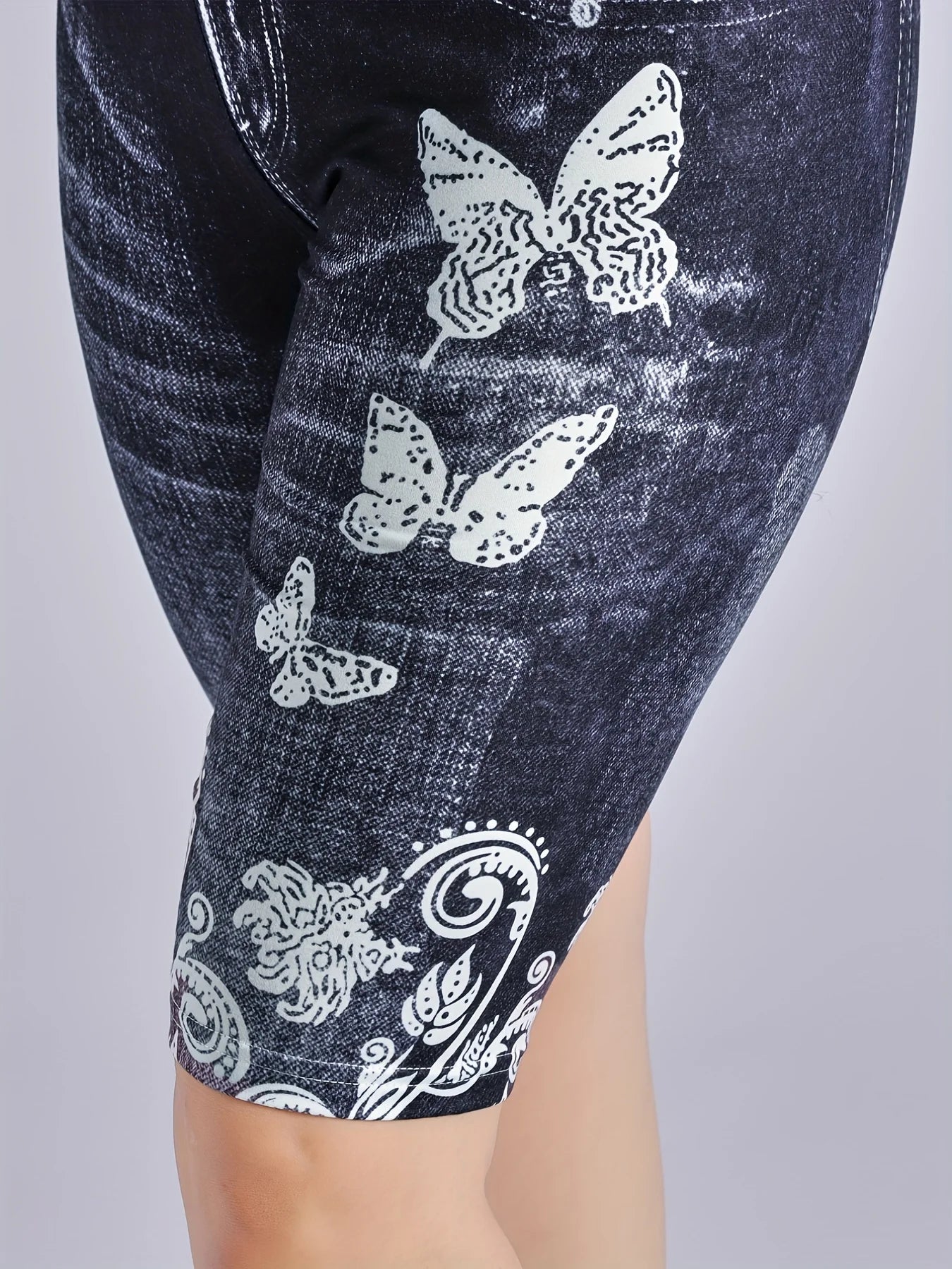 Lmitation Denim Leggings For Women Butterfly Waist Fruit Flower Elastic Shorts High Waist Casual