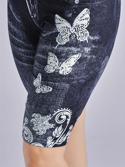 Lmitation Denim Leggings For Women Butterfly Waist Fruit Flower Elastic Shorts High Waist Casual