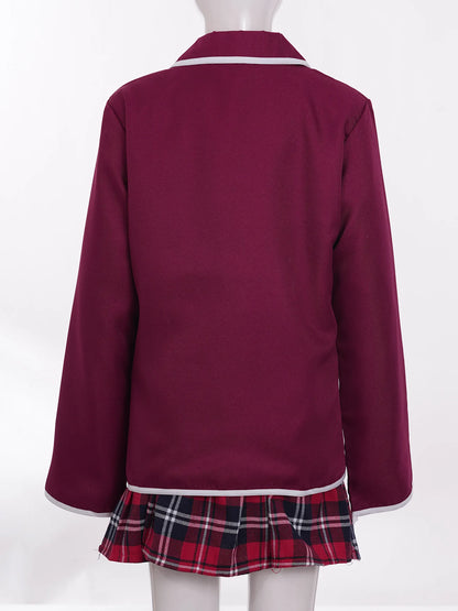 Kids Girls British Style School Uniforms Student Cosplay Anime Costume Suit Long Sleeve Coat With Shirt Tie Mini Skirt Set 4Pcs