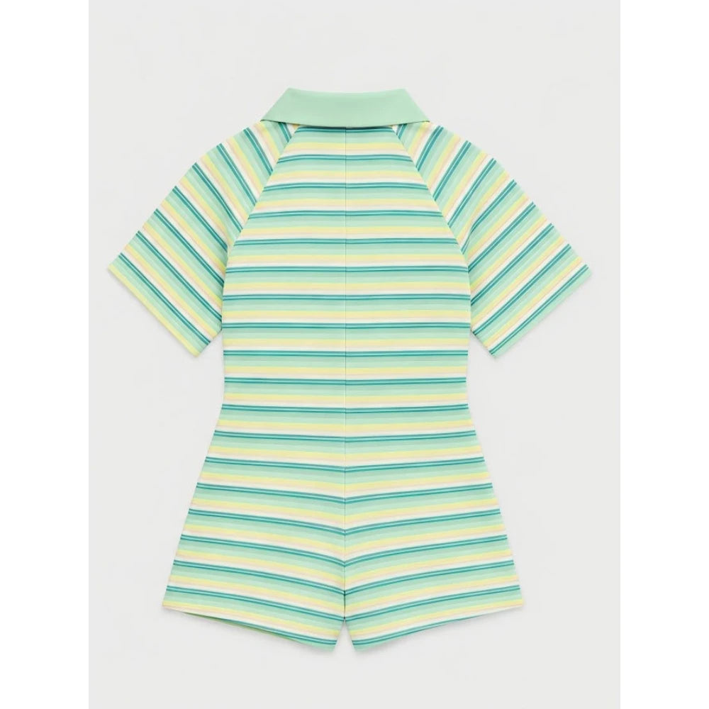 HLJ&GG Green Sexy Deep V Stripe Ribber Bodycon One Piece Rompers Women Short Sleeve Slim Jumpsuits Fashion Party Club Overalls
