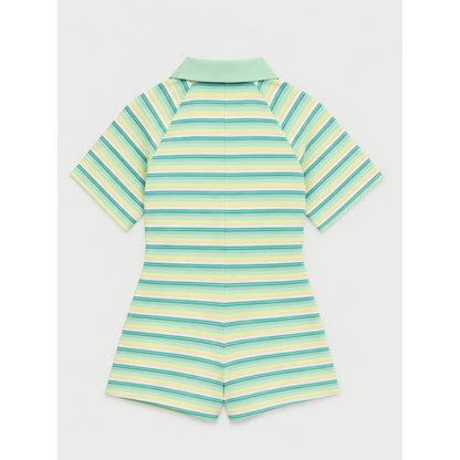 HLJ&GG Green Sexy Deep V Stripe Ribber Bodycon One Piece Rompers Women Short Sleeve Slim Jumpsuits Fashion Party Club Overalls
